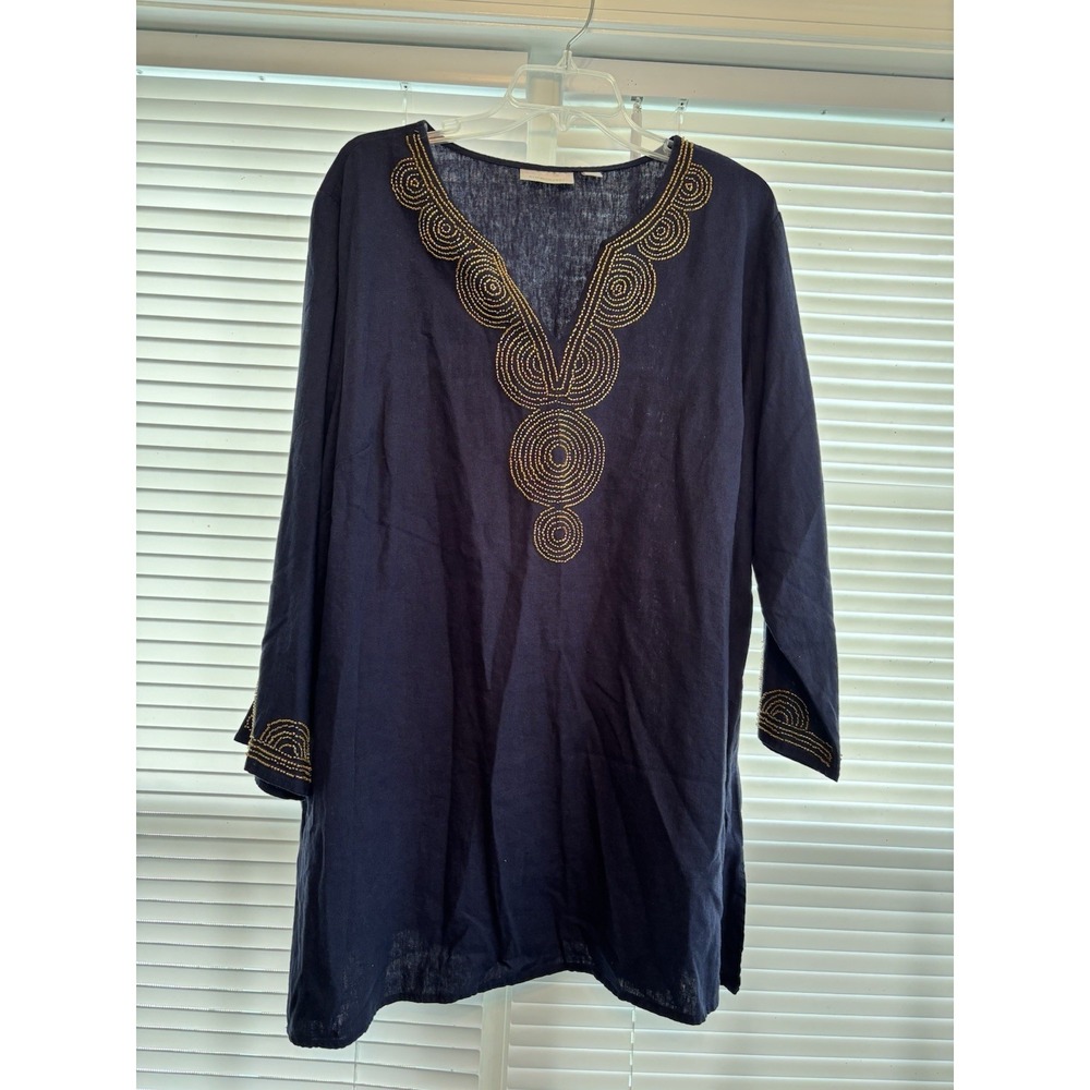 Bellisima by Kim Gravel‎ 2X Linen Blend Tunic Top Navy Gold Beading Summer Cool